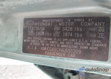 2004 Hyundai Accent Gl из США, поврежденный, VIN KMHCG45CX4U551209